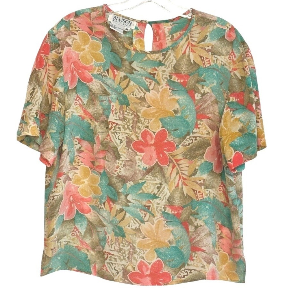 Allison Taylor Floral Blouse Women Coral Teal 100% Silk Summer Boho Resortwear M